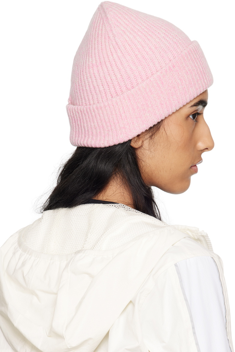 GANNI Pink Fitted Wool Rib Knit Beanie GANNI