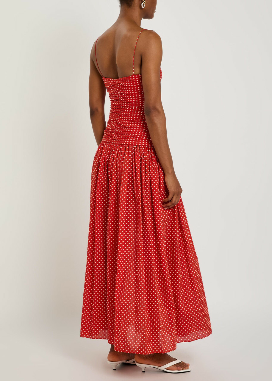 Matteau Polka dot Gathered Cotton-blend Midi Dress Red