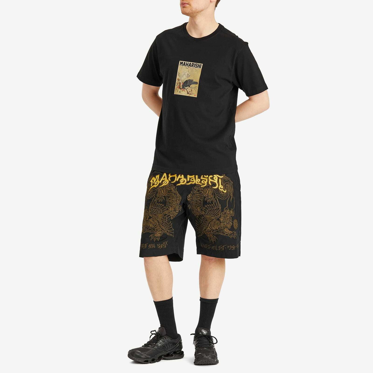 Maharishi Men's Muay Thai Embroidered Tiger Dragon Shorts in Black