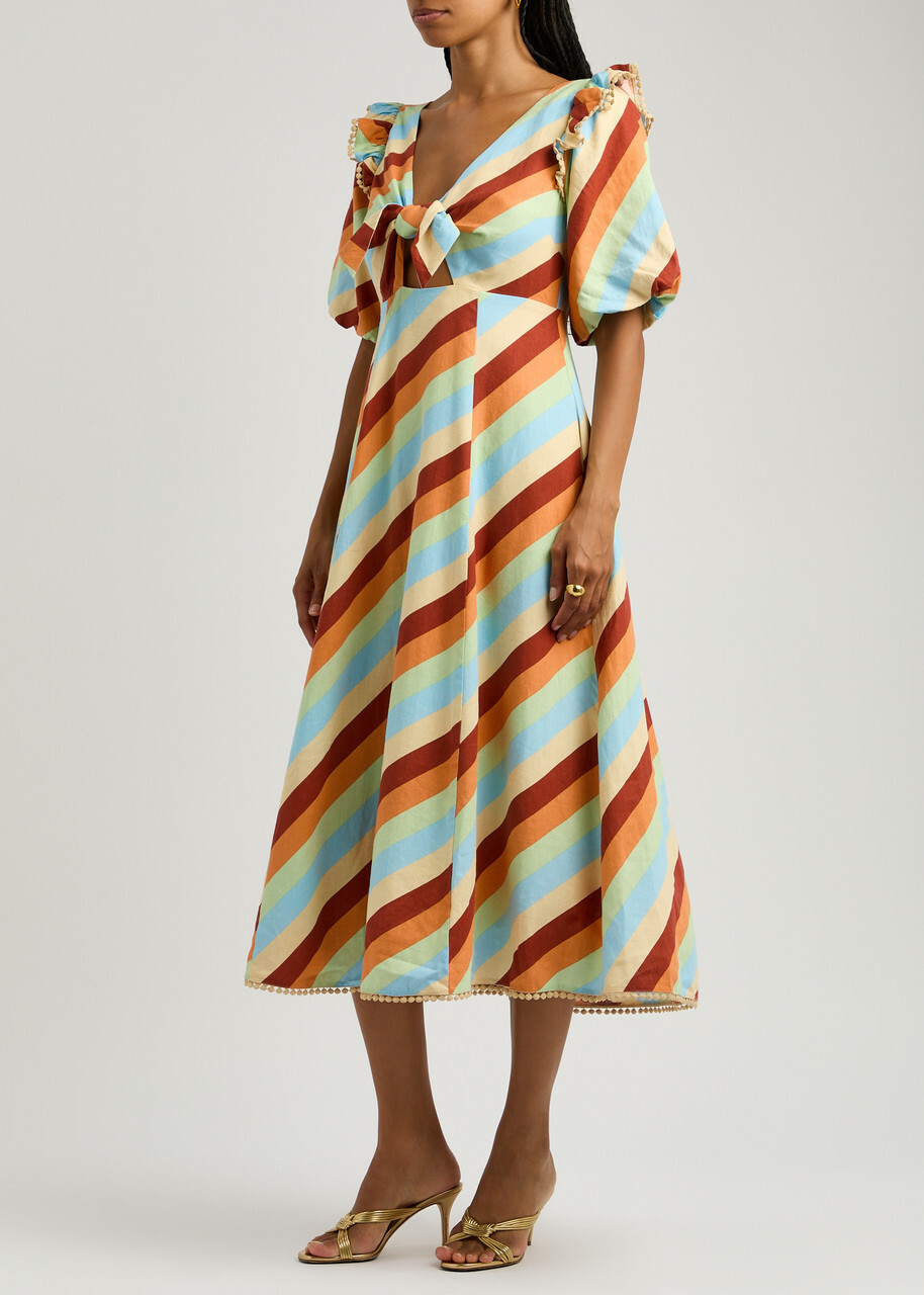 Kitri Pia Striped Linen-blend Midi Dress Multicoloured KITRI