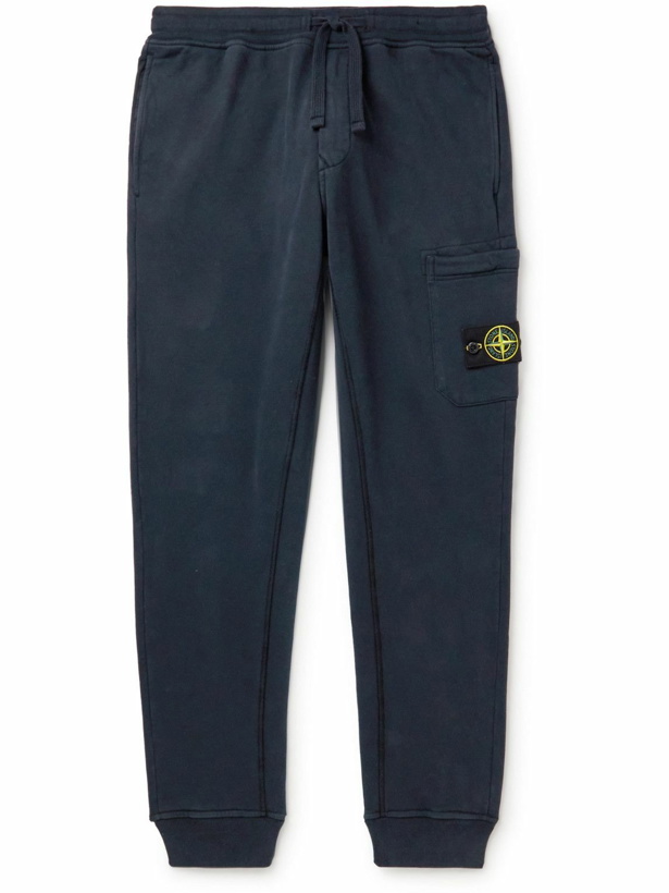 Photo: Stone Island - Slim-Fit Tapered Logo-Appliquéd Cotton-Jersey Sweatpants - Blue