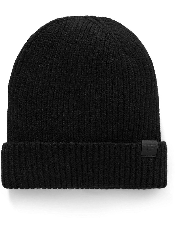 Photo: TOM FORD - Leather-Trimmed Ribbed Cashmere Beanie - Black