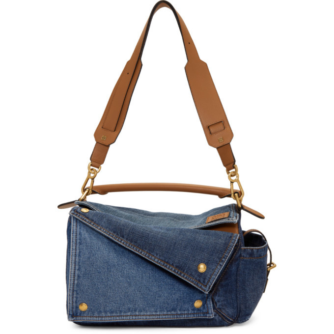Loewe Tan and Blue Medium Denim Puzzle Pockets Bag