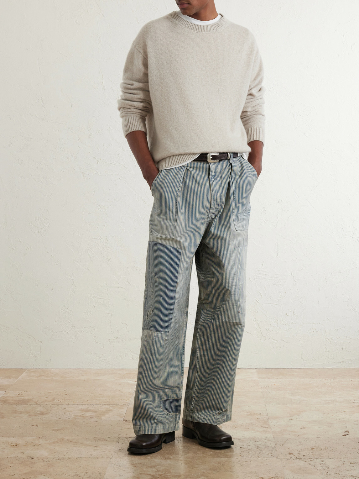 KAPITAL - Liberty Hicoree Fatigue Wide-Leg Striped Distressed Patchwork Cotton-Twill Trousers - Blue