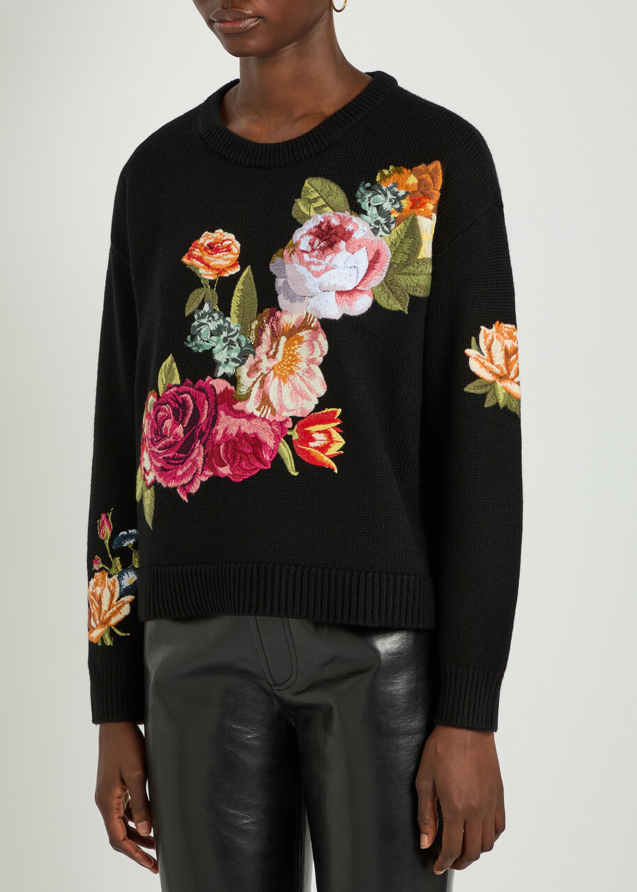 Alice + Olivia Belva Floral-jacquard Stretch-wool Jumper Black
