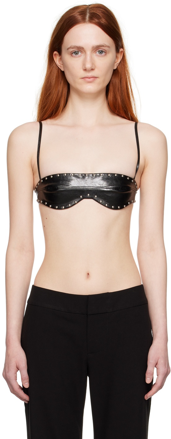 Women's Synthetic Leather Bra with Chain & Silver Rivets