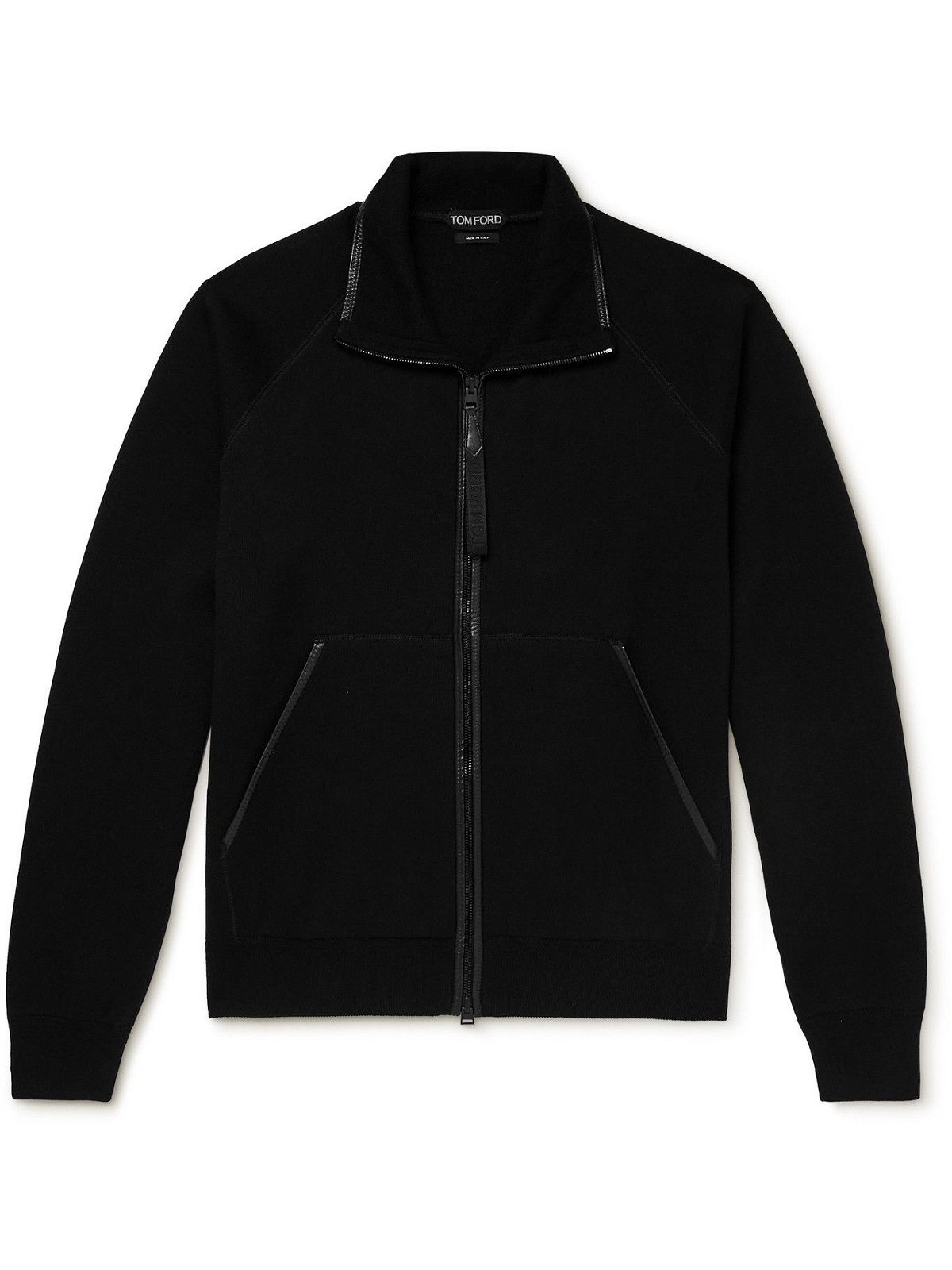 Photo: TOM FORD - Leather-Trimmed Cotton-Blend Zip-Up Sweatshirt - Black