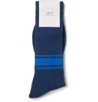 Mr P. - Ribbed Striped Stretch Cotton-Blend Socks - Blue