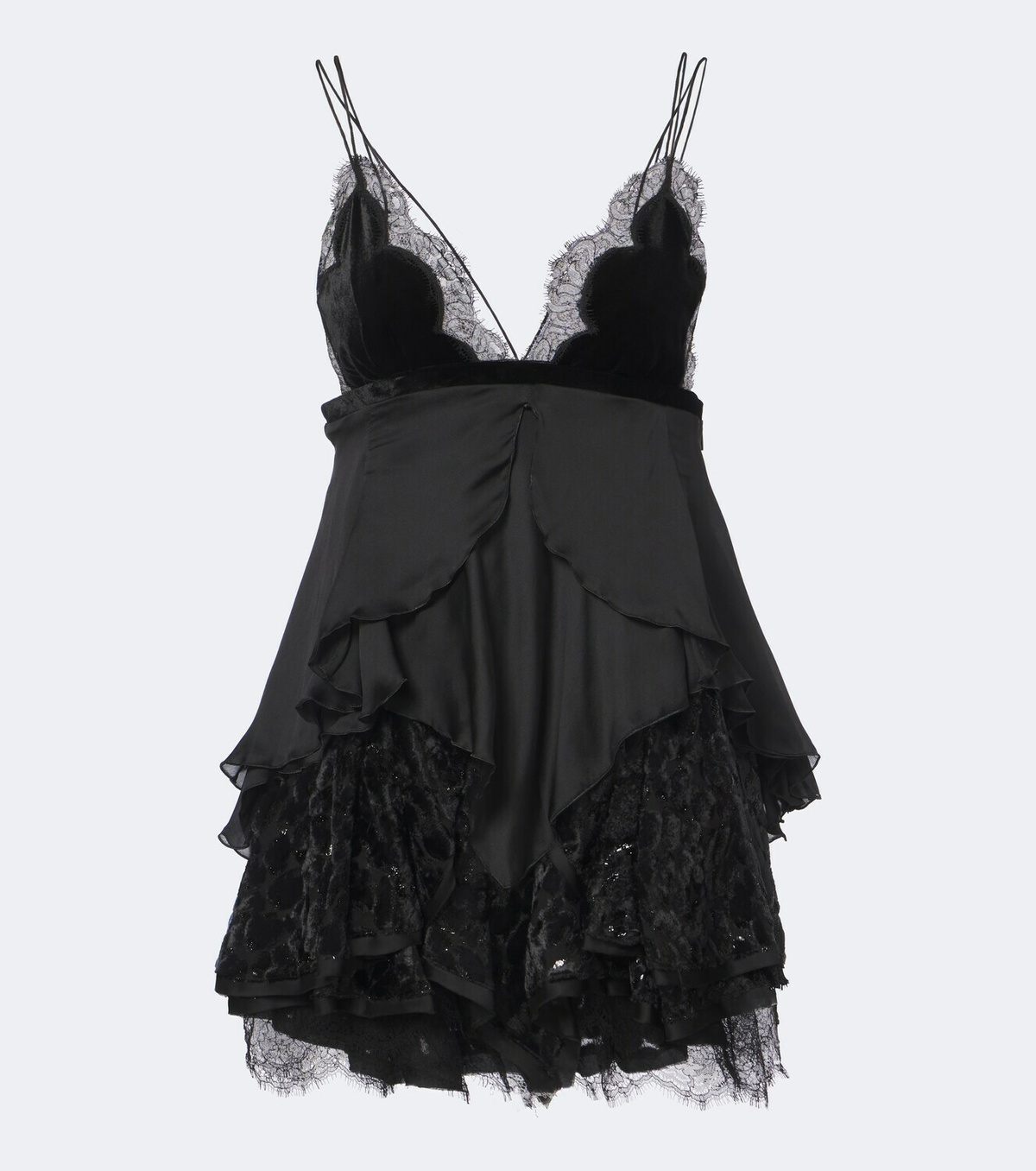 Roberto Cavalli Lace-trimmed ruffled silk minidress