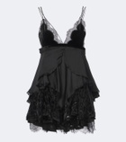 Roberto Cavalli Lace-trimmed ruffled silk minidress