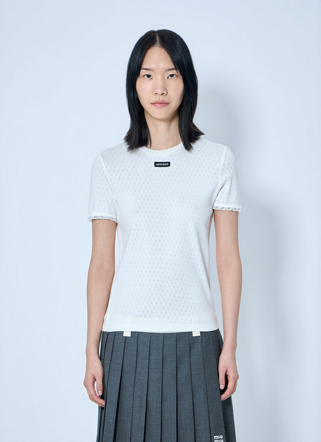 Miu Miu Lace-Trim Logo-Patch T-shirt