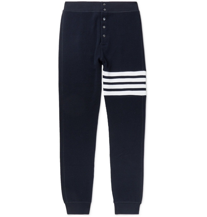 Photo: Thom Browne - Slim-Fit Tapered Striped Waffle-Knit Cotton Sweatpants - Blue