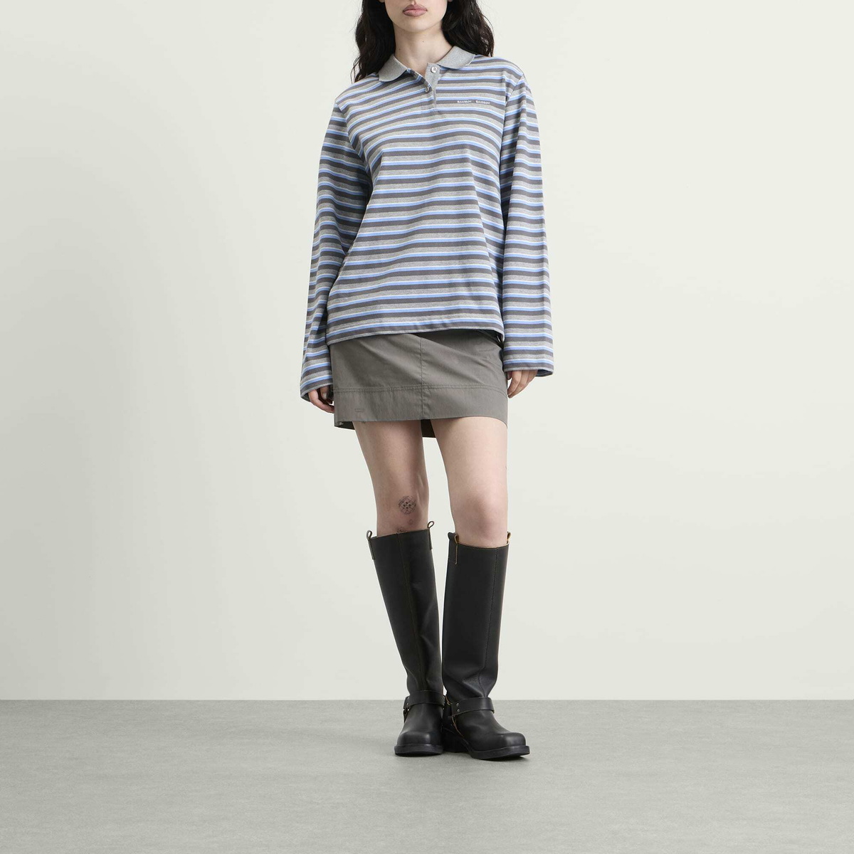 Samsøe Samsøe Women's x Madeline Argy Sadover Long Sleeve Polo in Grey/Blue Stripe
