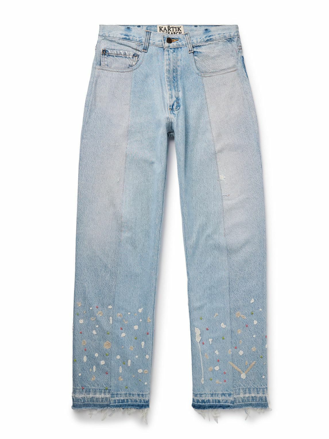 Kartik Research - Straight-Leg Upcycled Frayed Embellished Panelled Jeans - Blue