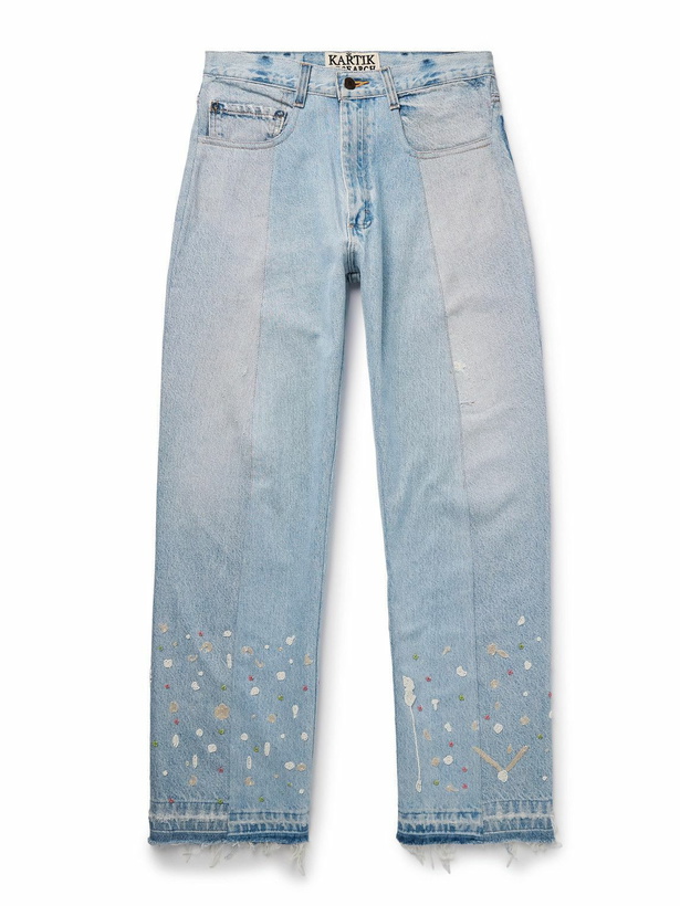 Photo: Kartik Research - Straight-Leg Upcycled Frayed Embellished Panelled Jeans - Blue