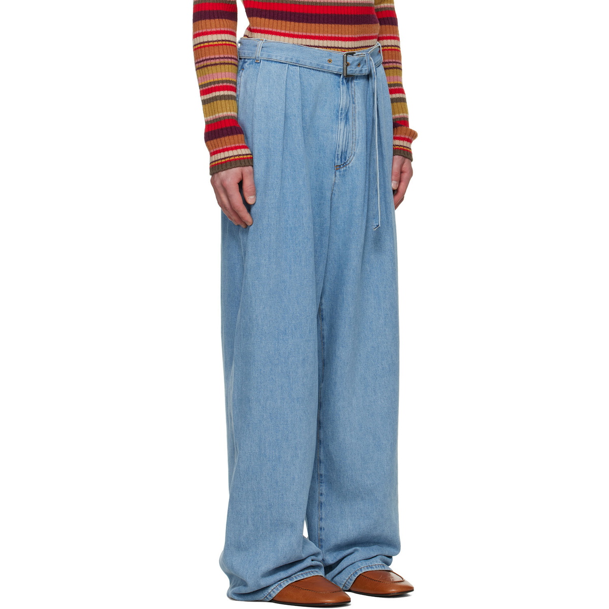 Dries Van Noten Blue Belted Pleat Jeans