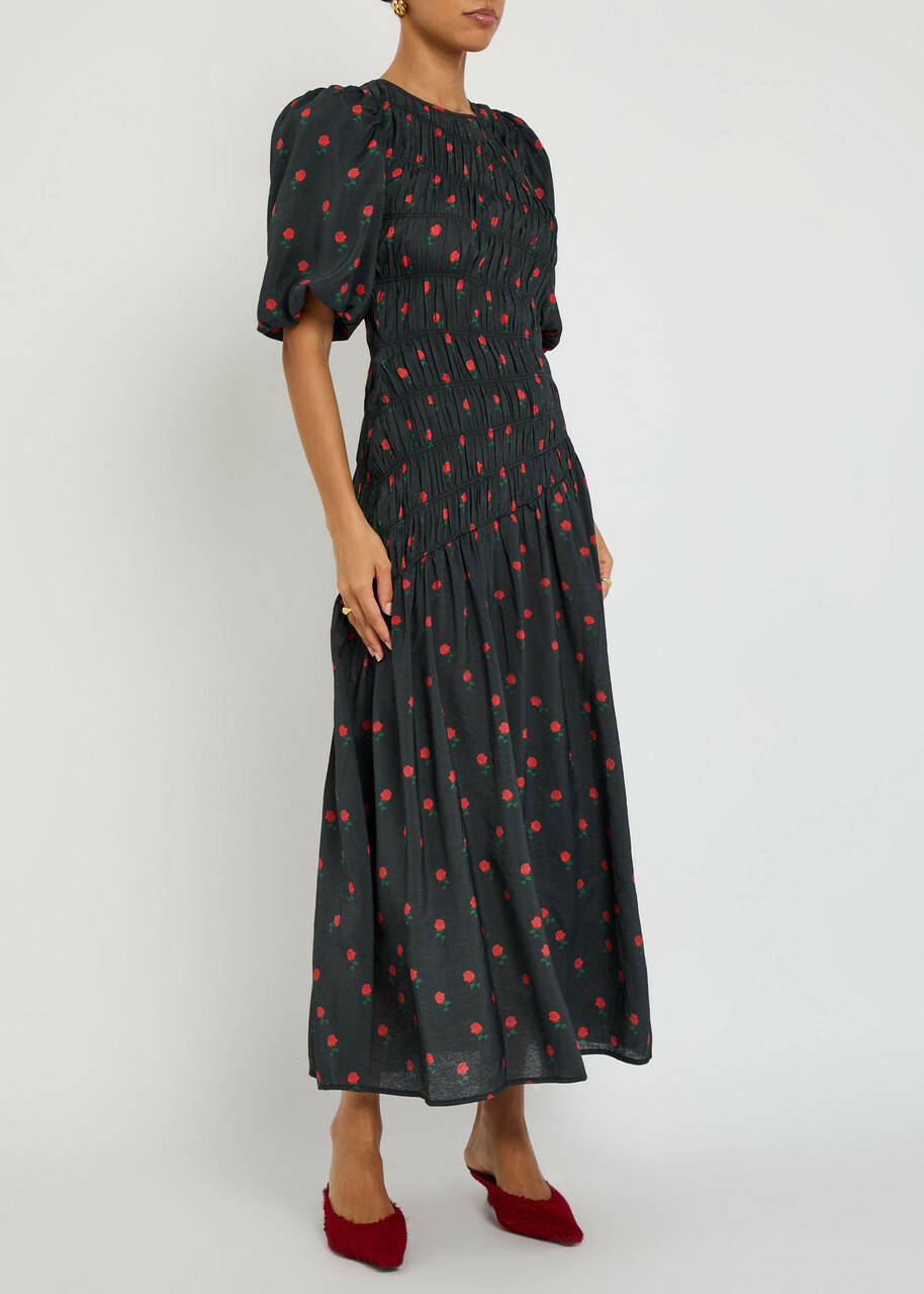 Never Fully Dressed Nara Rose-print Shirred Woven Midi Dress Black