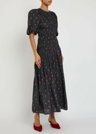 Never Fully Dressed Nara Rose-print Shirred Woven Midi Dress Black