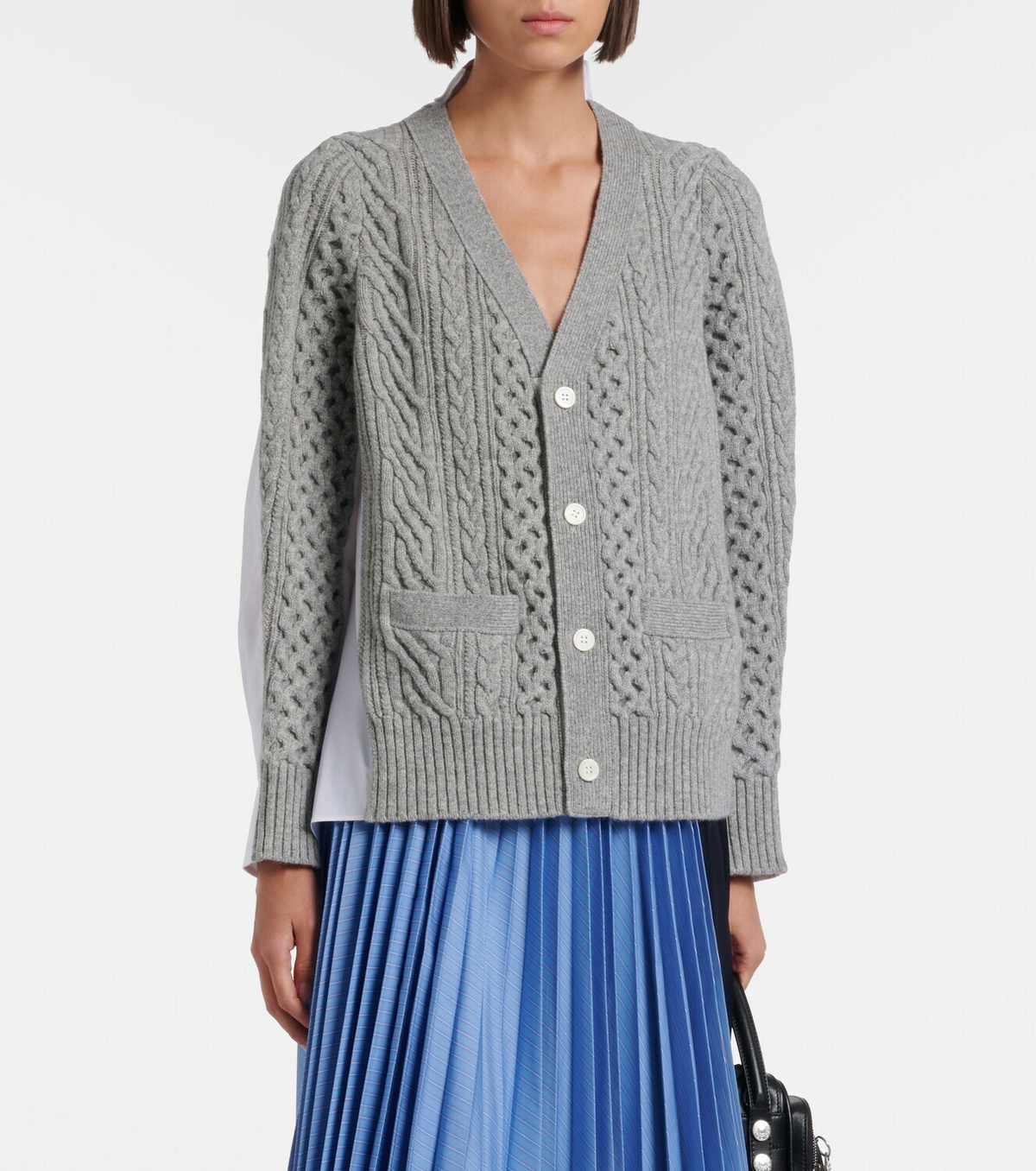 Sacai Cable-knit wool and poplin cardigan