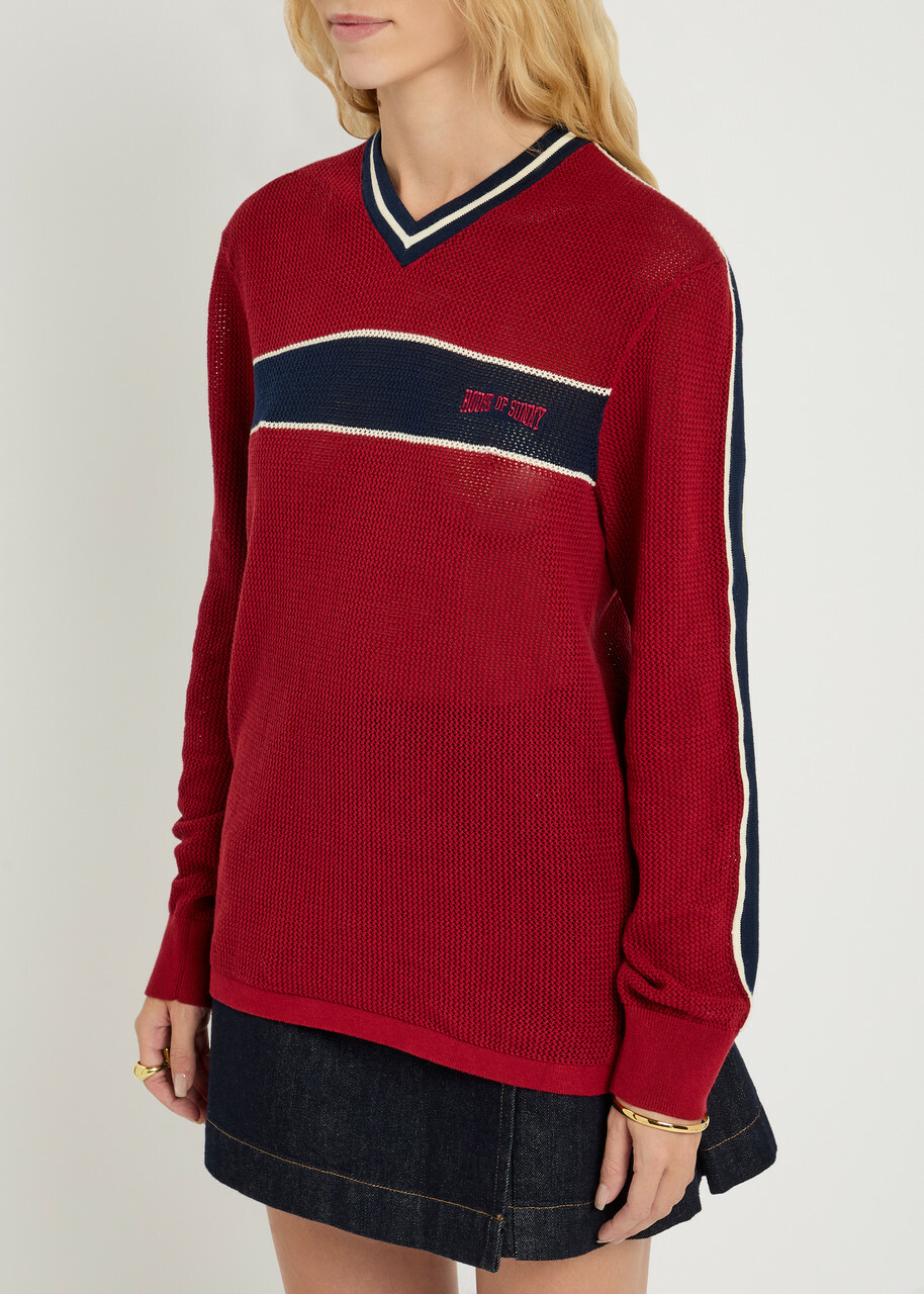 House OF Sunny Joey Stripe-trimmed Fine-knit top Red