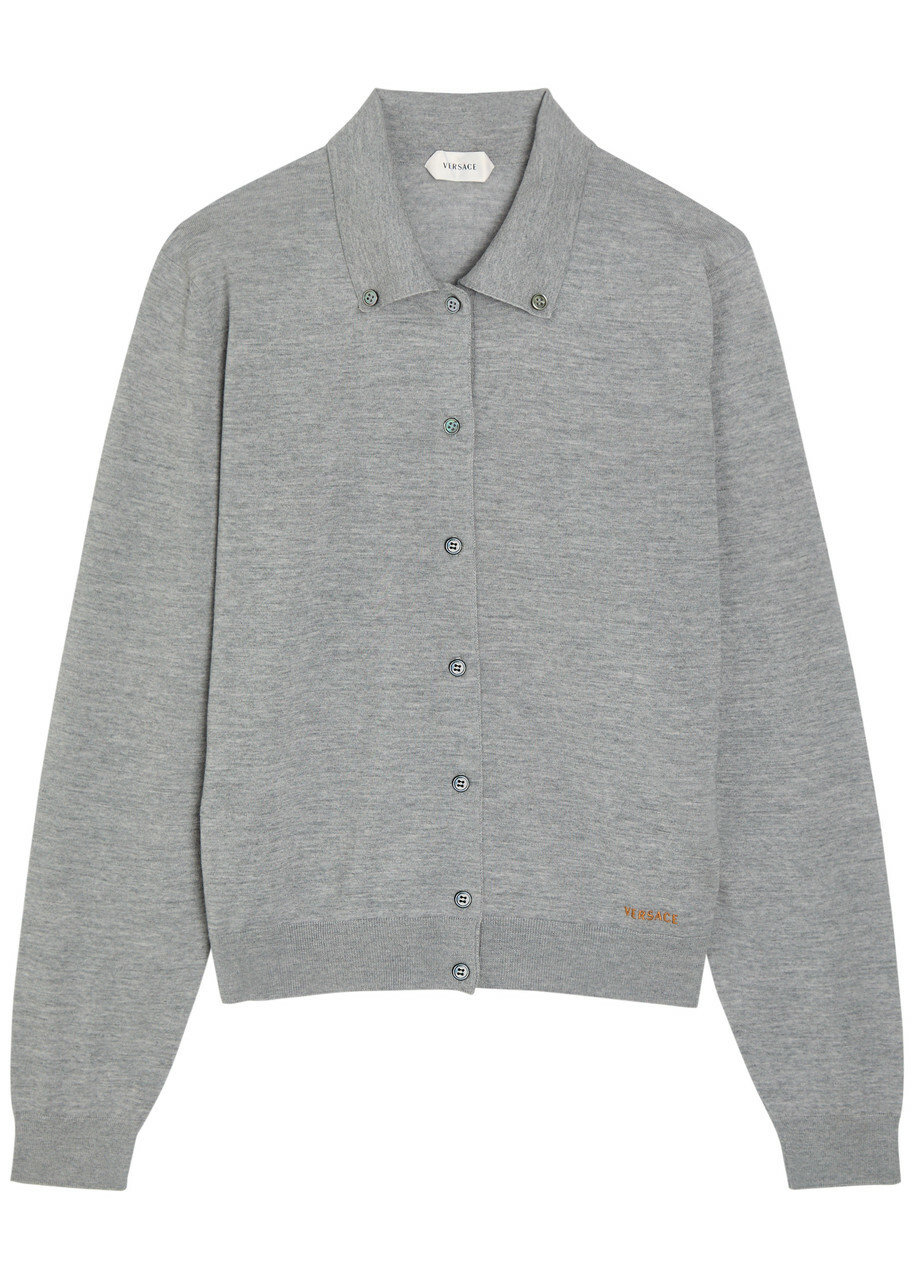 Versace Logo-embroidered Wool Cardigan Grey