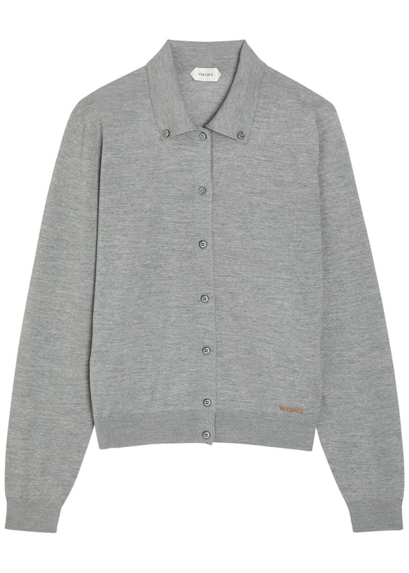 Photo: Versace Logo-embroidered Wool Cardigan Grey