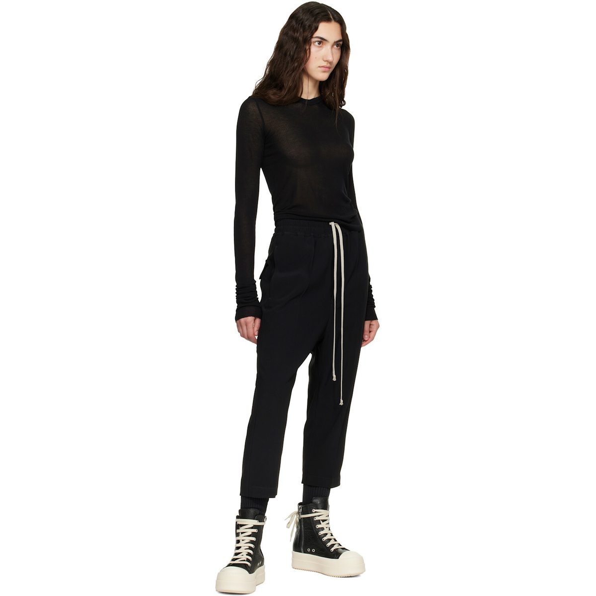 Rick Owens Black Drawstring Astaires Cropped Trousers