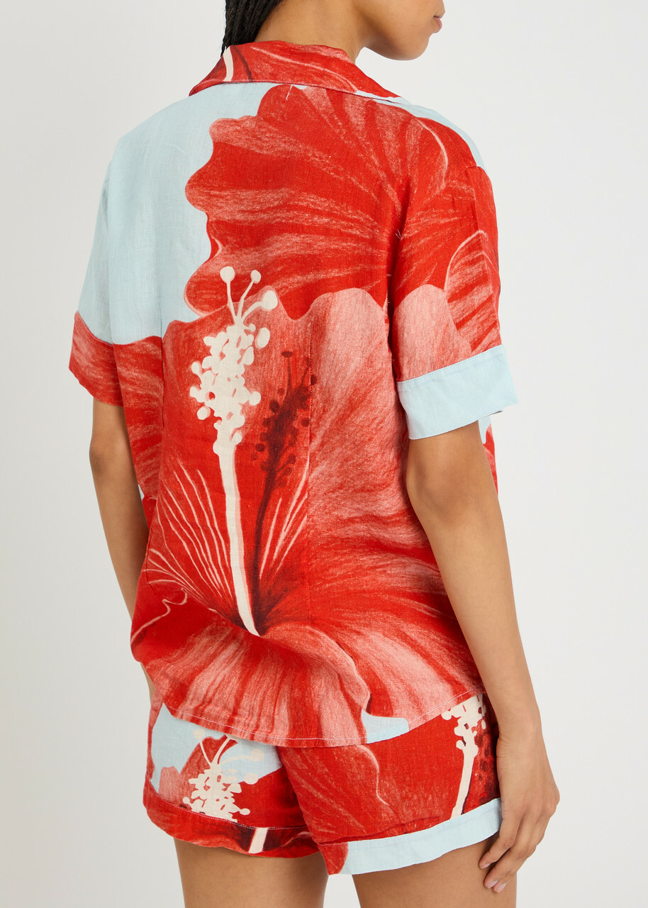 Desmond & Dempsey Floral-printed Linen Pyjama set Red