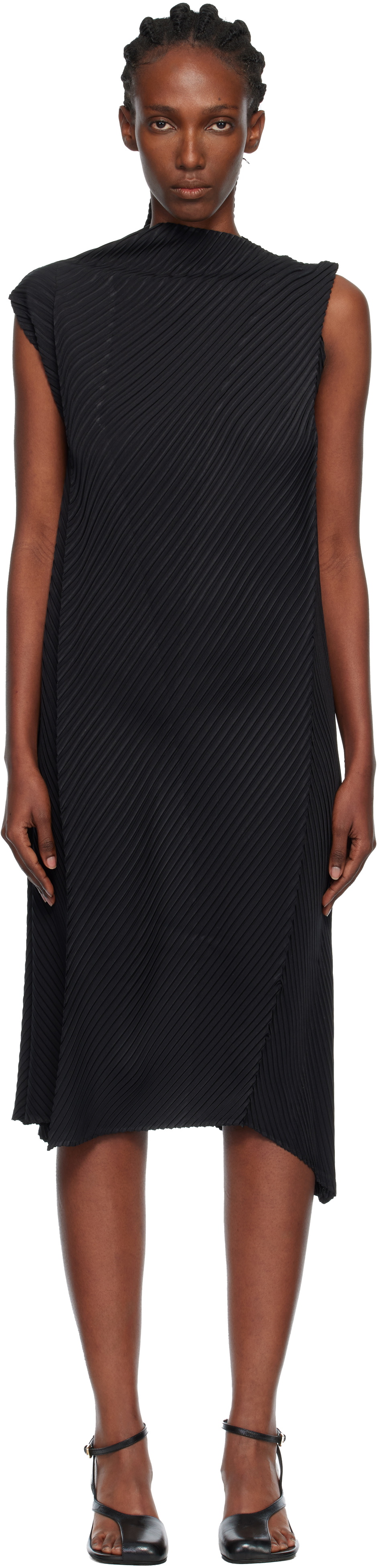 ISSEY MIYAKE Black Soft Fold Pleats Midi Dress
