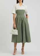 Lovebirds Printed Colour-blocked Linen-blend Midi Dress Green