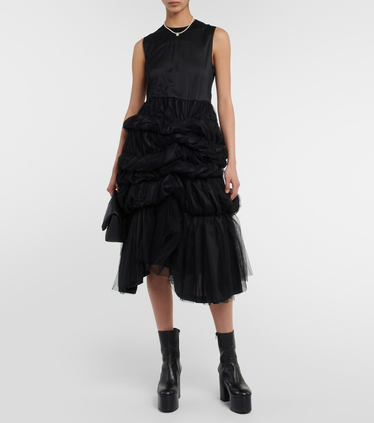 Niki Neutral Asymmetrical Ruched Tulle Midi Dress