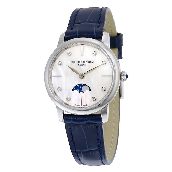 Photo: Frederique Constant Slimline Moonphase Mother of Pearl Dial Diamond Blue Leather Ladies Watch FC-206MPWD1S6