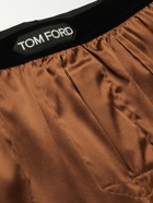 TOM FORD - Velvet-Trimmed Stretch-Silk Satin Pyjama Trousers - Brown