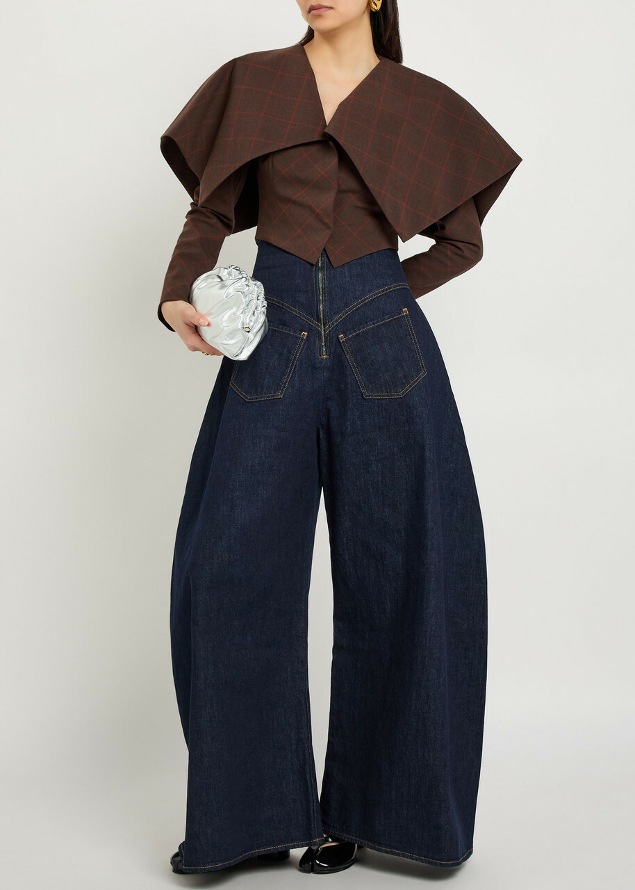 A.W.A.K.E Mode Oversized-collar Checked Cropped Jacket Brown