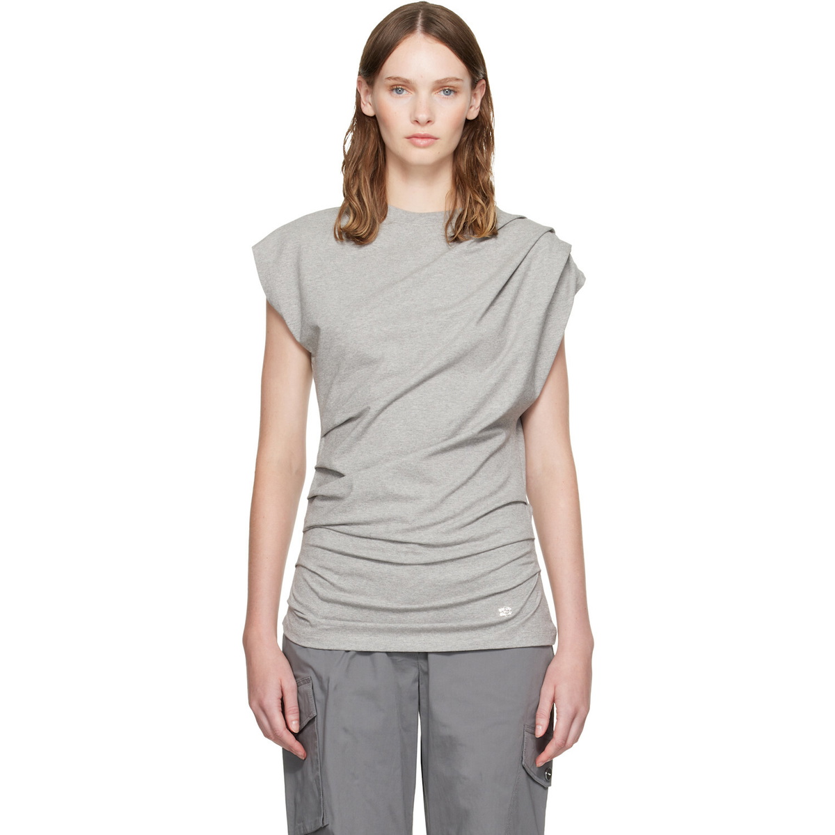 GANNI Gray Draped Jersey T-shirt
