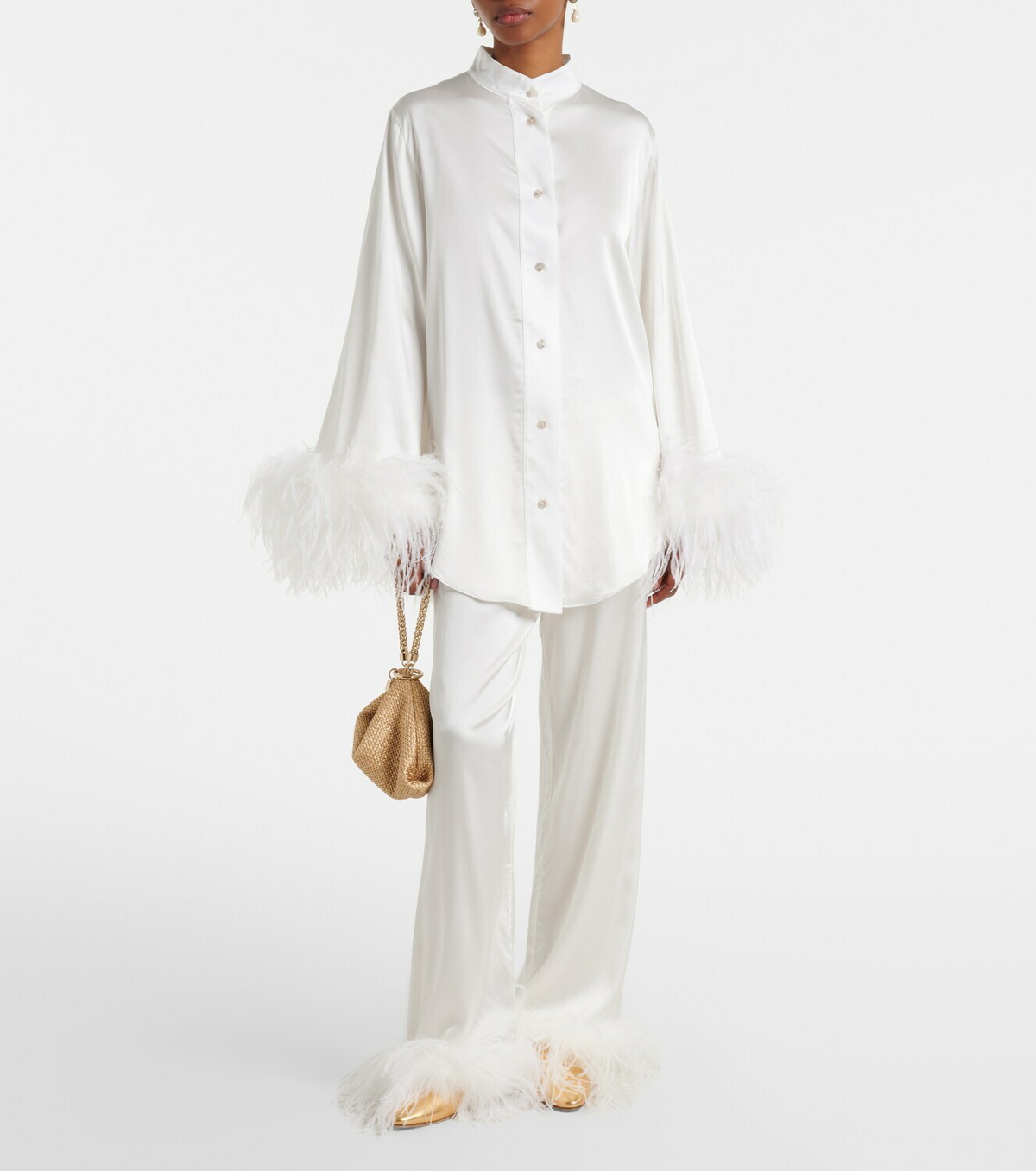 Oséree Bridal feather-trimmed satin wide-leg pants