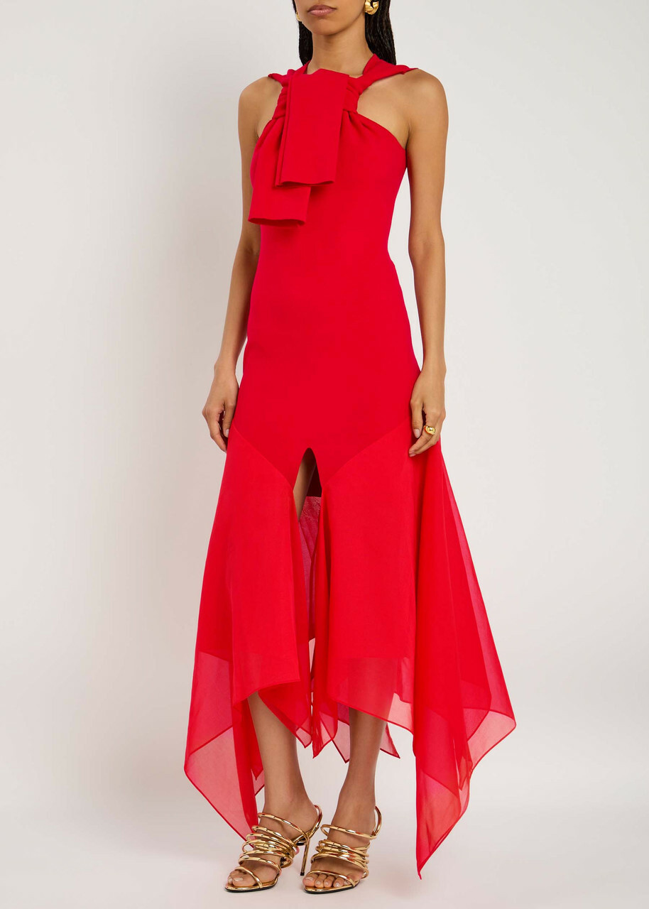 A.W.A.K.E Mode Chiffon and Knit Knotted-neckline Midi Dress Red