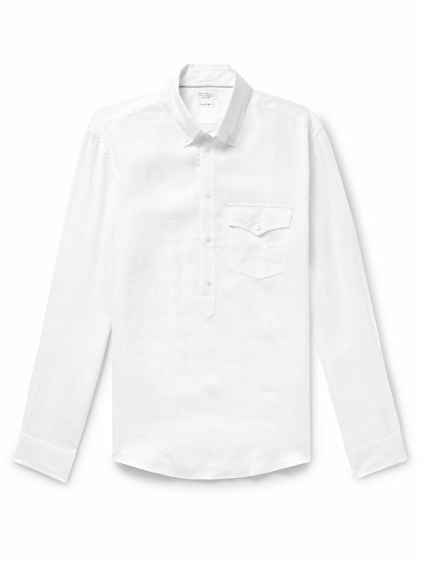 Photo: Brunello Cucinelli - Button-Down Collar Slub Linen Half-Placket Shirt - White