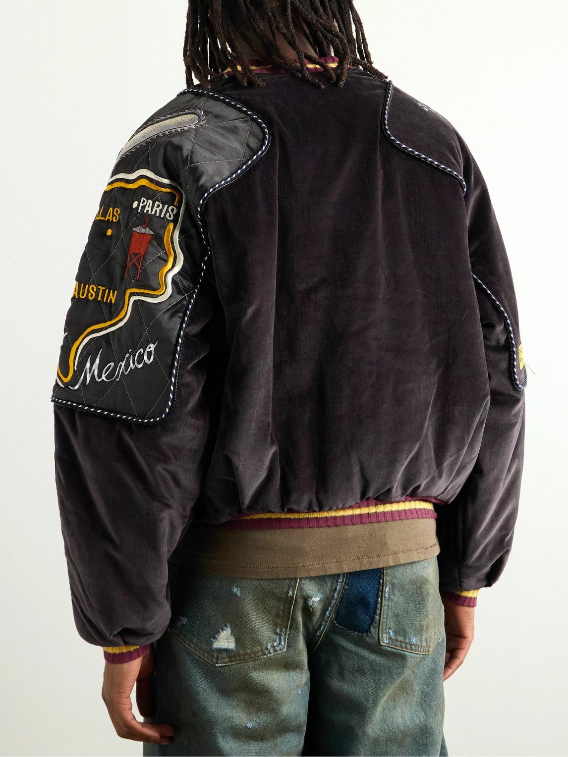 KAPITAL - Embroidered Quilted Shell-Trimmed Cotton-Velvet Bomber Jacket - Black