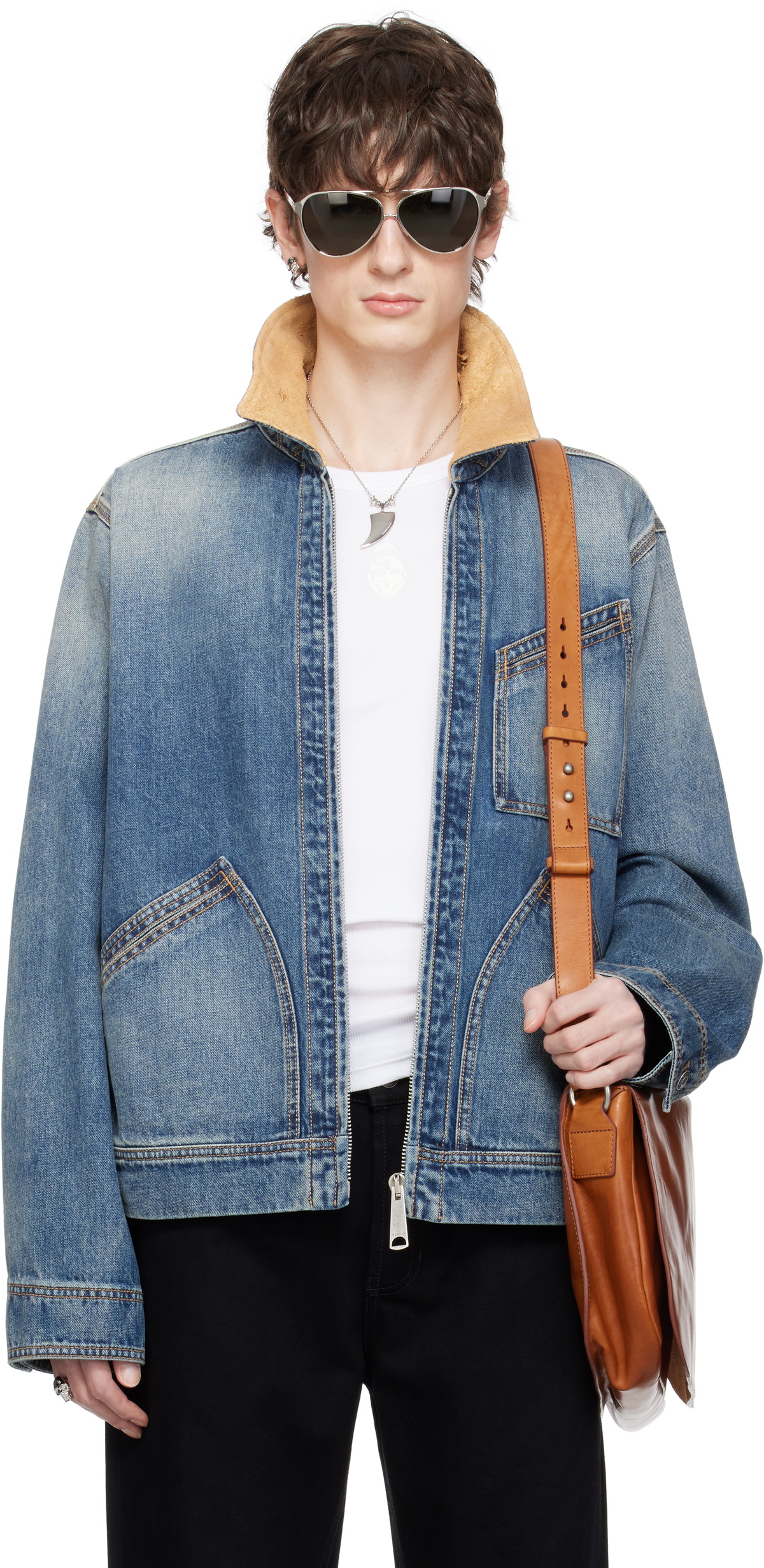 McQueen Blue Suede Collar Denim Jacket