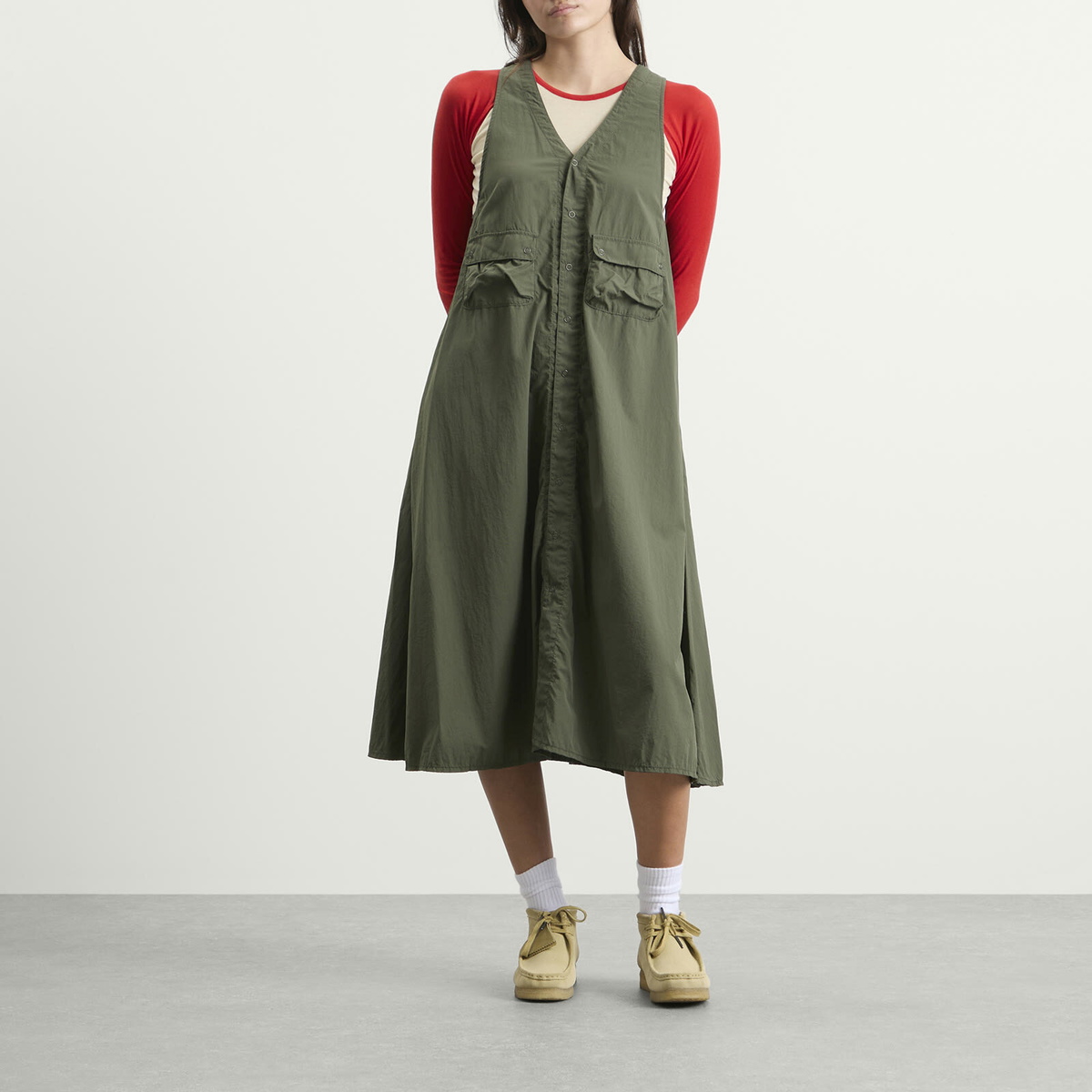 Beams Boy Women's Nylon Midi Dress in Olive