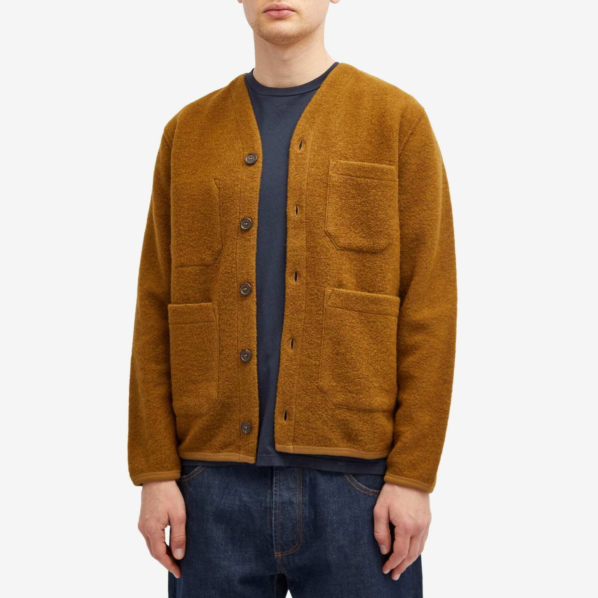 Universal Works Men's Wool Fleece Cardigan in Mustard