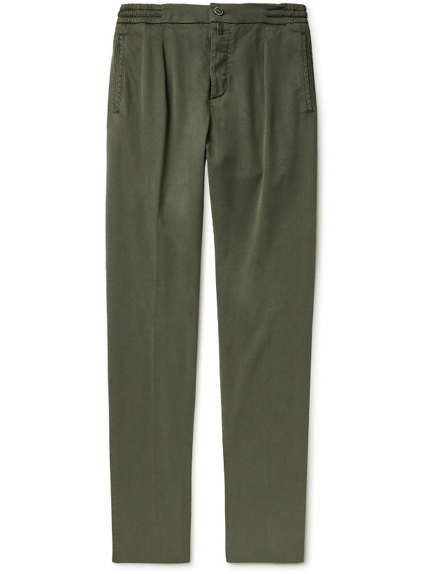 Photo: Kiton - Tapered Pleated Stretch-Lyocell Twill Trousers - Green