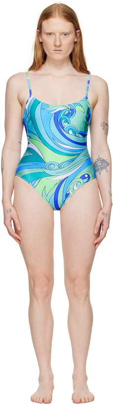 Photo: Moschino Green & Blue Printed One-Piece Swimsuit