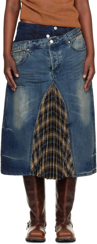 Photo: Andersson Bell Blue & Khaki Pleats Combo Flipped Denim Midi Skirt