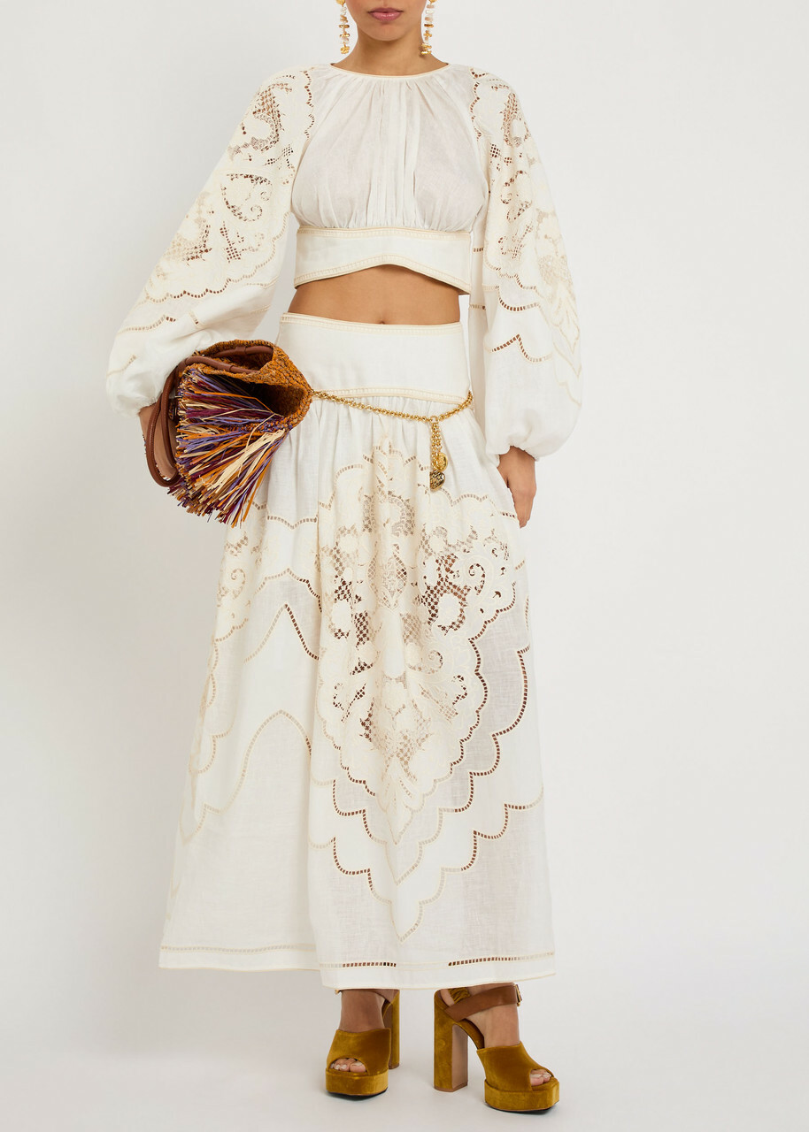 Zimmermann Daylight Guipure-lace Cropped Linen top Cream