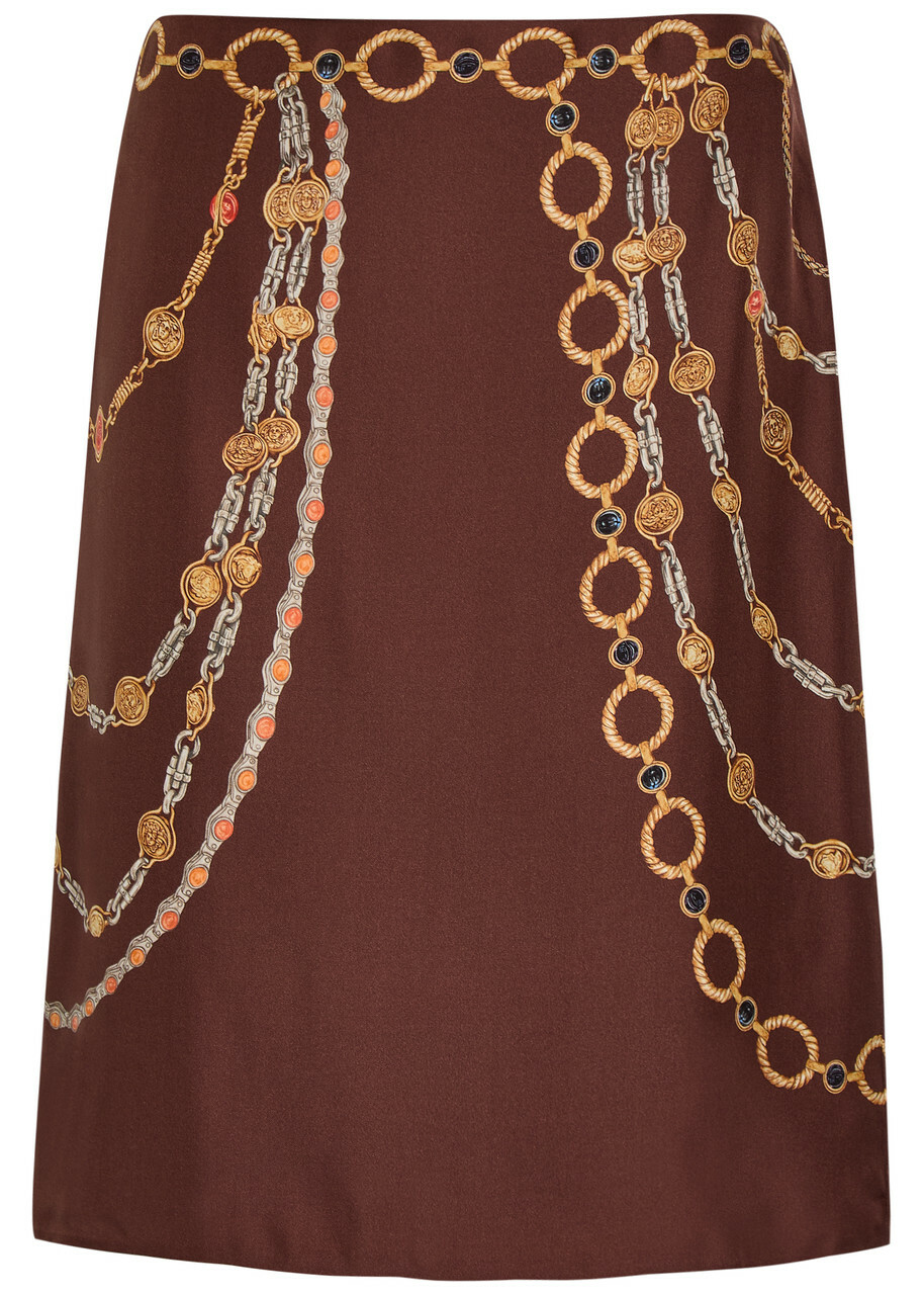 Versace Printed Silk Midi Skirt Brown