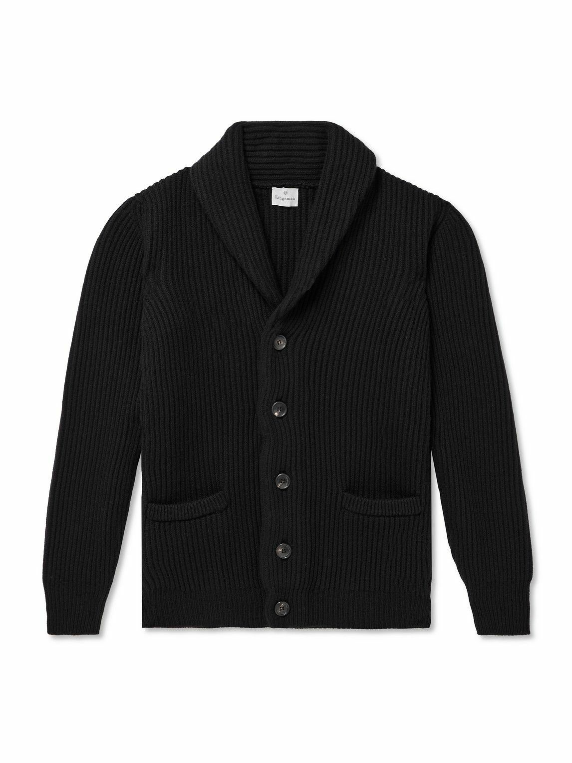 Kingsman - Shawl-Collar Ribbed Wool Cardigan - Black