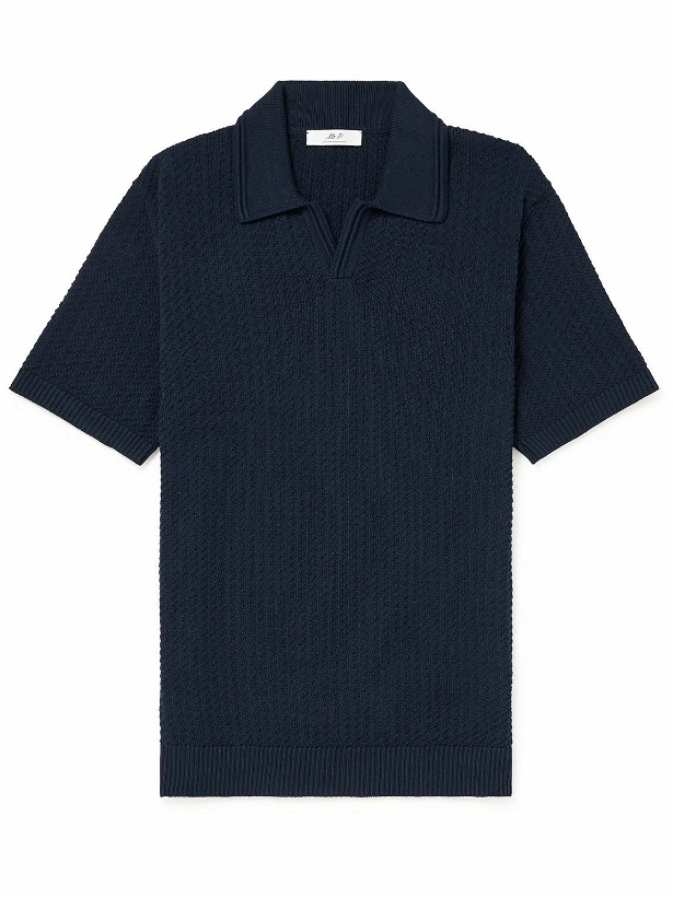 Photo: Mr P. - Diagonal Grid Knitted Cotton Polo Shirt - Blue
