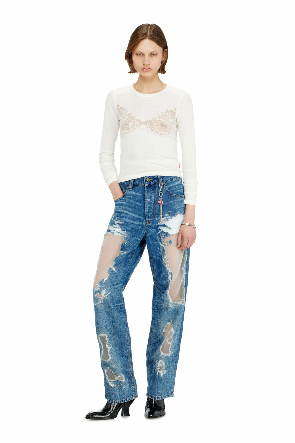 Diesel Top with devoré lace effect - T-Shirts Womens in White